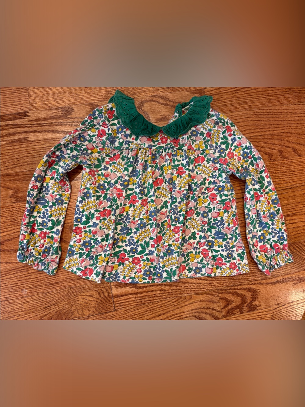 Mini Boden Multi-Color Floral Blouse with Green Eyelet Collar